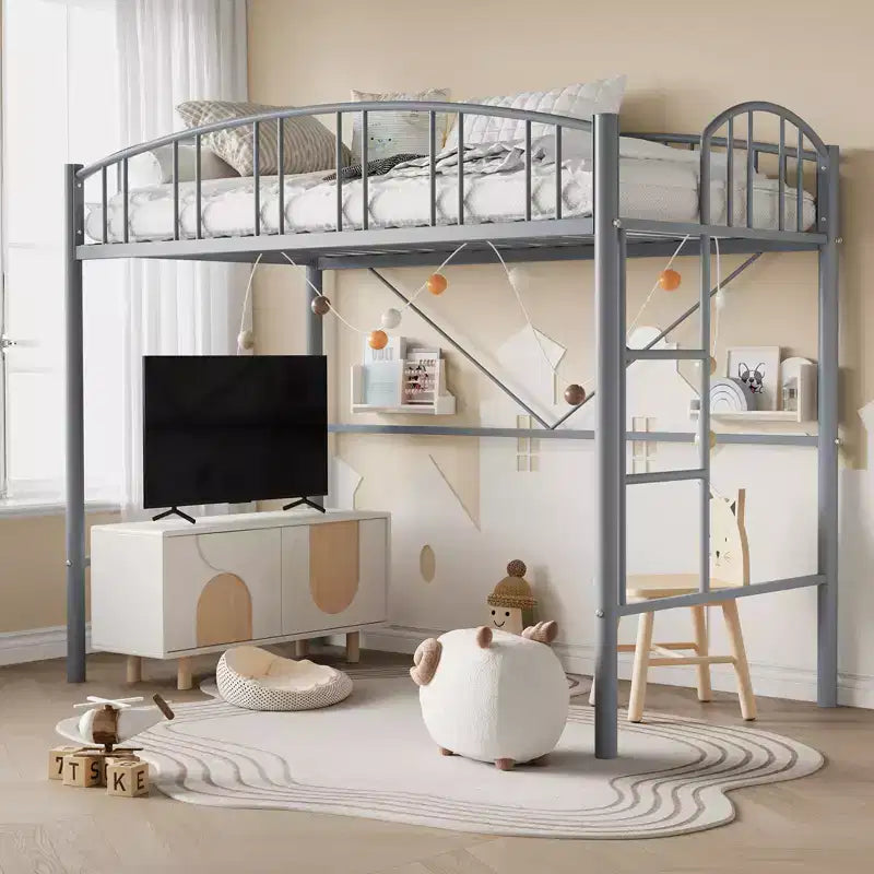Twin-Size Loft Bed with Heavy-Duty Metal Loft Frame, Arched Guardrails and Safety Ladder, Space-Saving Design, No Mattress Base Required, Noiseless