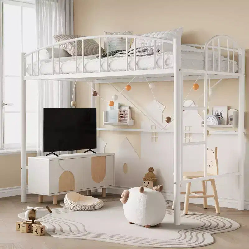 Twin-Size Loft Bed with Heavy-Duty Metal Loft Frame, Arched Guardrails and Safety Ladder, Space-Saving Design, No Mattress Base Required, Noiseless