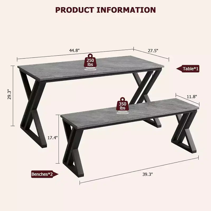 Dining Table Bench Set for 4, Kitchen Table Set with 2 Benches, Rectangular Dining Room Table Set with Sturdy Metal Frame, Grey
