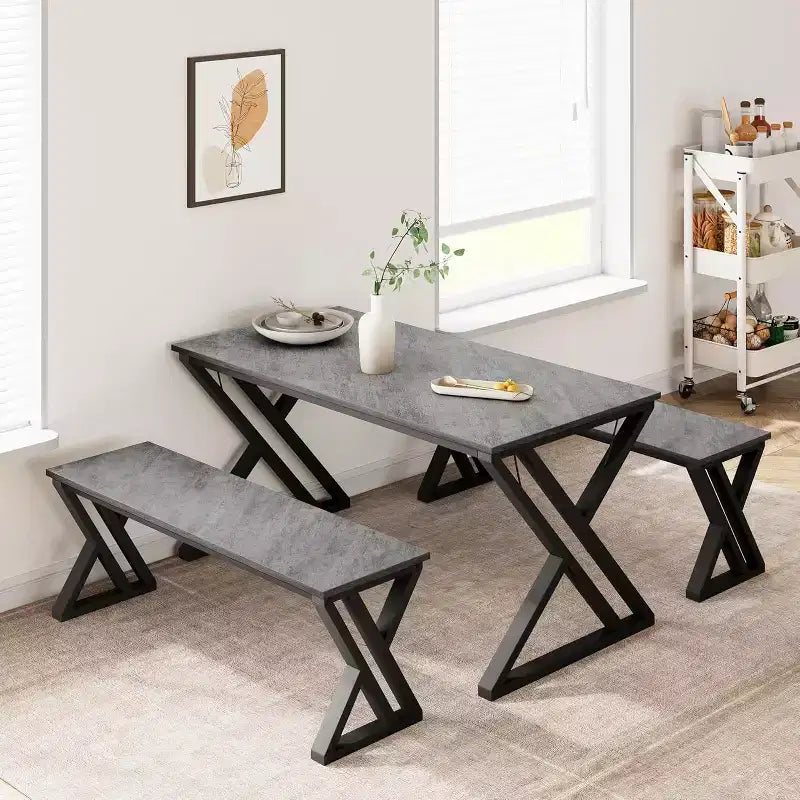 Dining Table Bench Set for 4, Kitchen Table Set with 2 Benches, Rectangular Dining Room Table Set with Sturdy Metal Frame, Grey