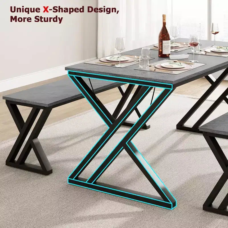 Dining Table Bench Set for 4, Kitchen Table Set with 2 Benches, Rectangular Dining Room Table Set with Sturdy Metal Frame, Grey
