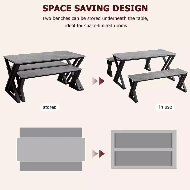 Dining Table Bench Set for 4, Kitchen Table Set with 2 Benches, Rectangular Dining Room Table Set with Sturdy Metal Frame, Grey