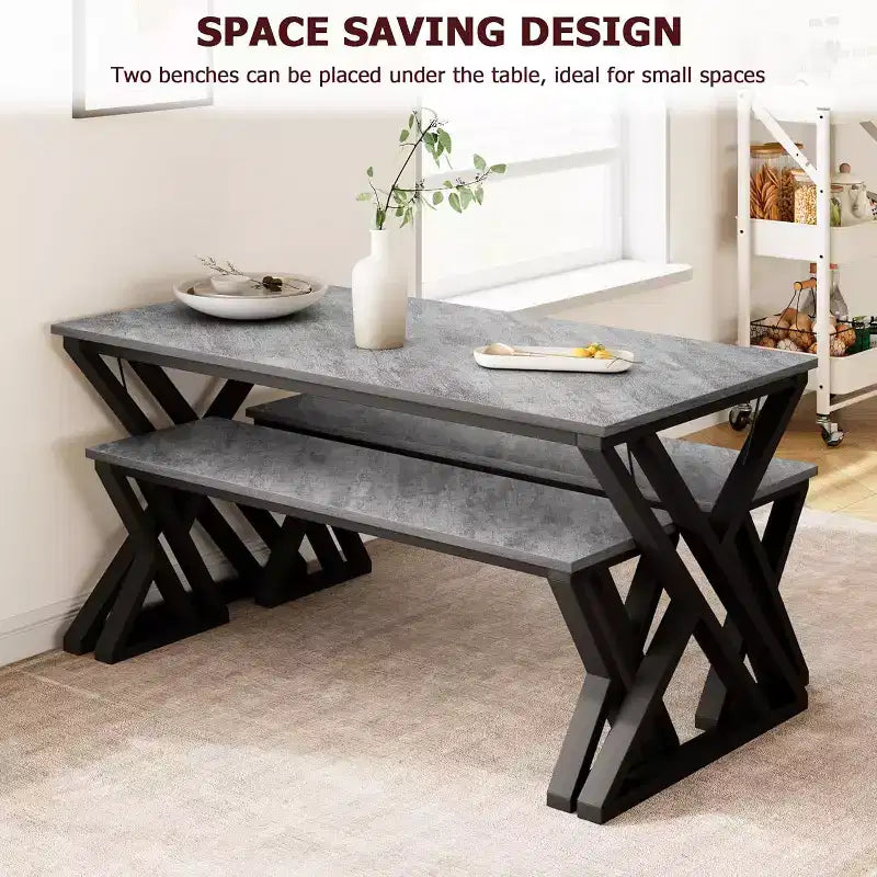 Dining Table Bench Set for 4, Kitchen Table Set with 2 Benches, Rectangular Dining Room Table Set with Sturdy Metal Frame, Grey