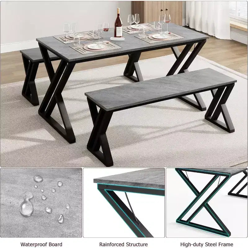 Dining Table Bench Set for 4, Kitchen Table Set with 2 Benches, Rectangular Dining Room Table Set with Sturdy Metal Frame, Grey