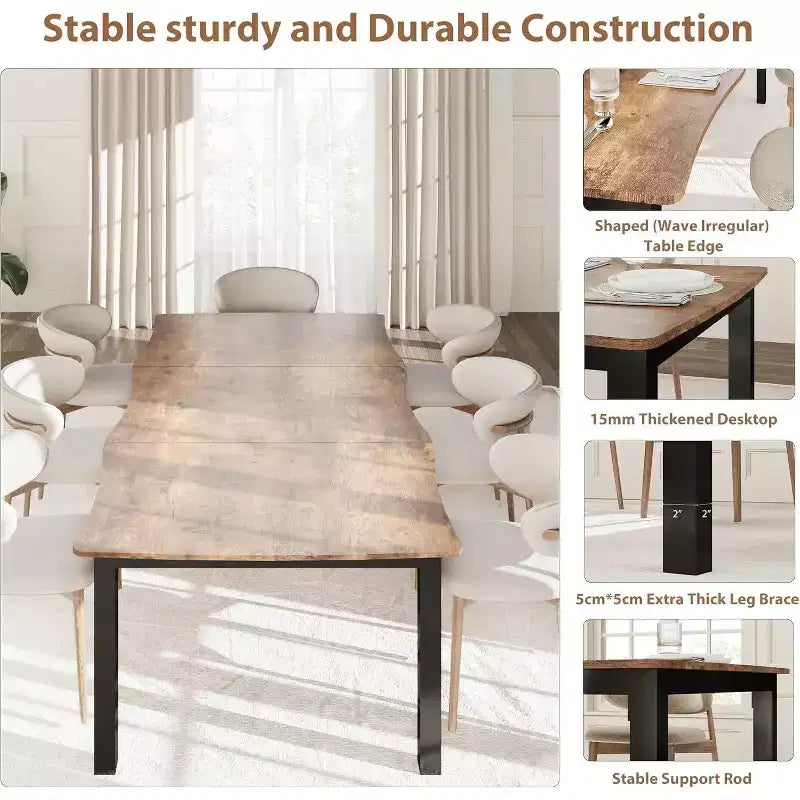 Dining Table with Wave Irregular Edge, 15mm Thick MDF Top & Metal Frame, Wooden Kitchen Table for 6-8, Retro Brown