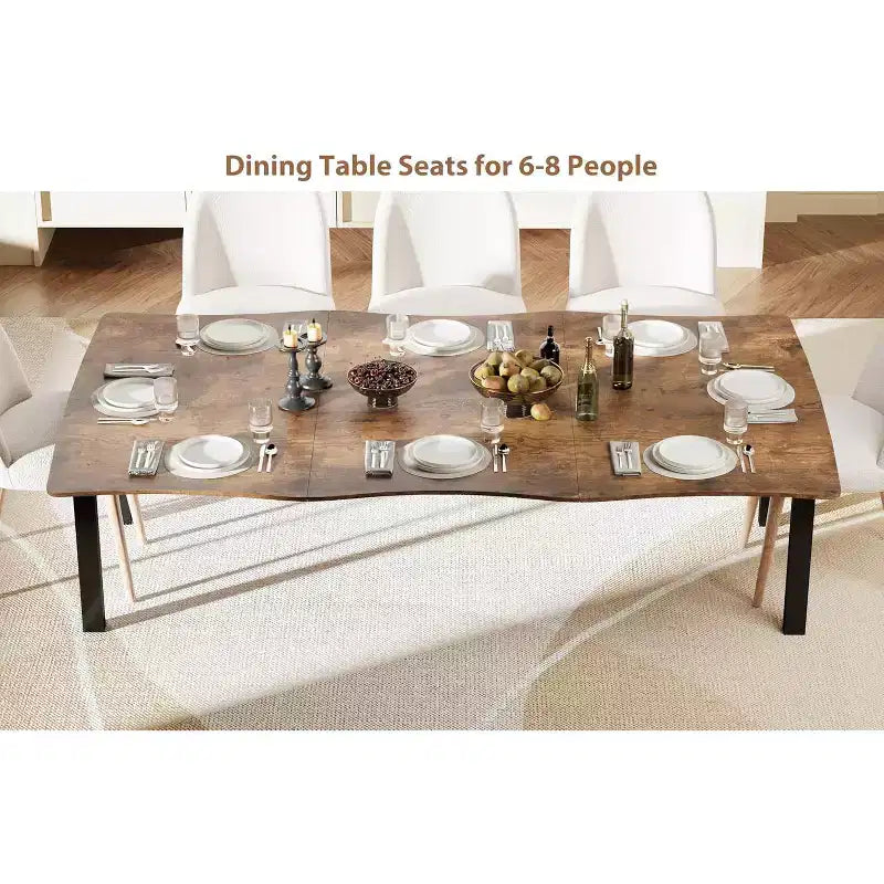 Dining Table with Wave Irregular Edge, 15mm Thick MDF Top & Metal Frame, Wooden Kitchen Table for 6-8, Retro Brown