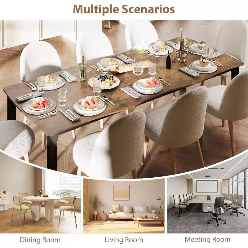 Dining Table with Wave Irregular Edge, 15mm Thick MDF Top & Metal Frame, Wooden Kitchen Table for 6-8, Retro Brown