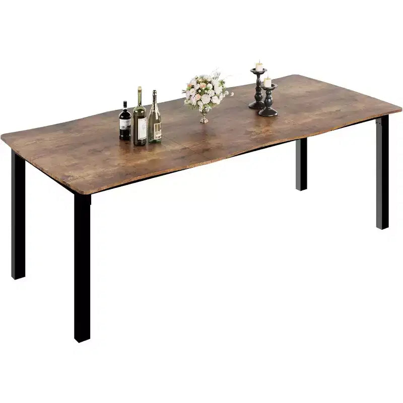 Dining Table with Wave Irregular Edge, 15mm Thick MDF Top & Metal Frame, Wooden Kitchen Table for 6-8, Retro Brown