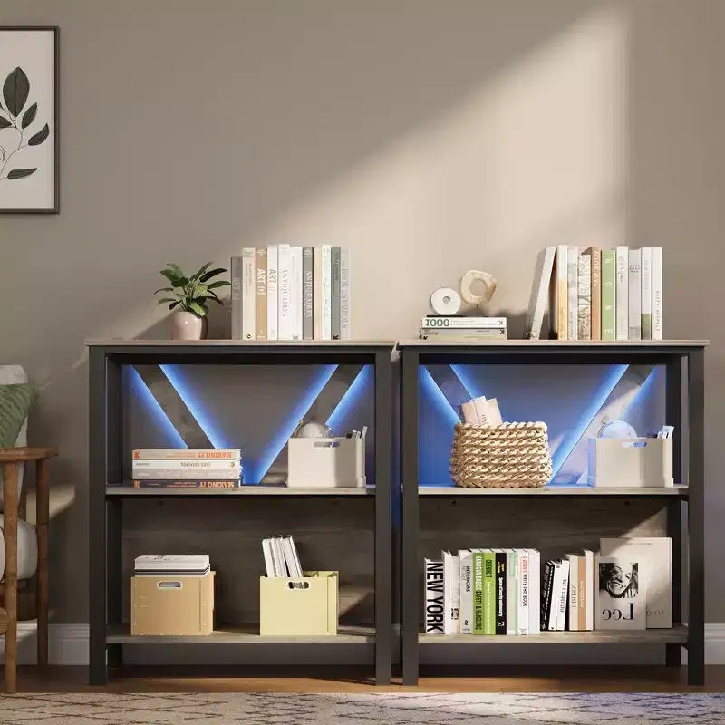 3-Tier Bookshelf with Lights - Wood & Metal Open Display Bookcase, Standing Storage Rack for Living Room, Bedroom, Home Office