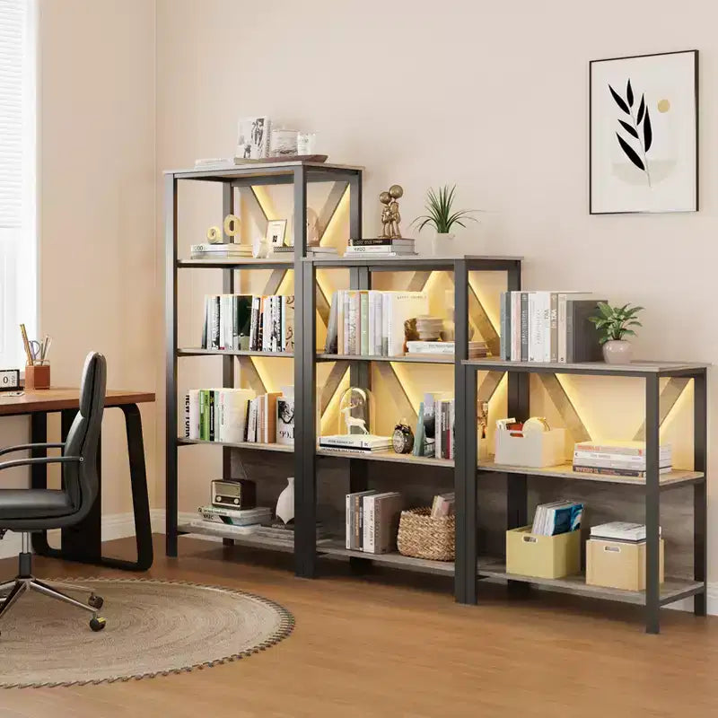 3-Tier Bookshelf with Lights - Wood & Metal Open Display Bookcase, Standing Storage Rack for Living Room, Bedroom, Home Office