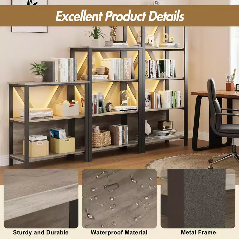 3-Tier Bookshelf with Lights - Wood & Metal Open Display Bookcase, Standing Storage Rack for Living Room, Bedroom, Home Office