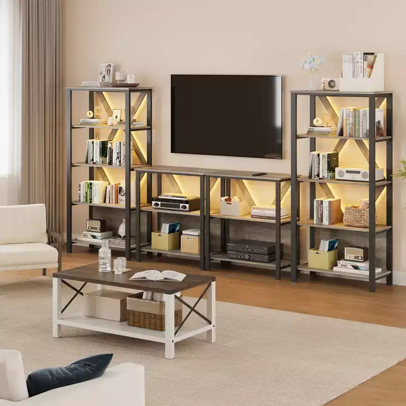 3-Tier Bookshelf with Lights - Wood & Metal Open Display Bookcase, Standing Storage Rack for Living Room, Bedroom, Home Office
