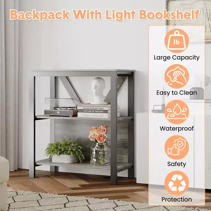 3-Tier Bookshelf with Lights - Wood & Metal Open Display Bookcase, Standing Storage Rack for Living Room, Bedroom, Home Office