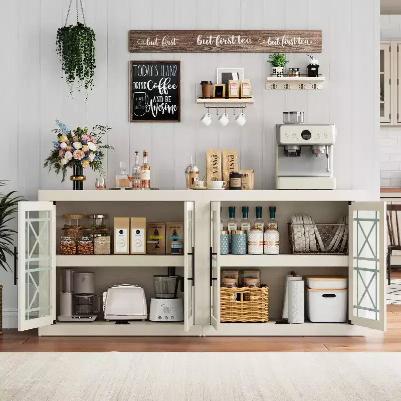 GustoWave Modern Accent Kitchen Sideboard Buffet, Wood Storage Cabinet with 4 Glass Doors