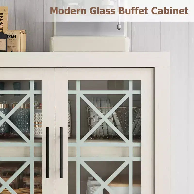 GustoWave Modern Accent Kitchen Sideboard Buffet, Wood Storage Cabinet with 4 Glass Doors