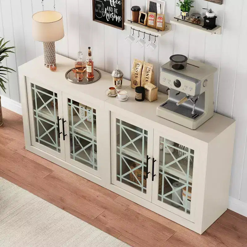 GustoWave Modern Accent Kitchen Sideboard Buffet, Wood Storage Cabinet with 4 Glass Doors