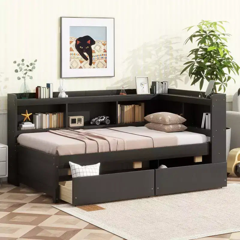 MAYEERTY Twin L-shaped Bookcase Bed with Pink Wood Frame Two Drawers for Bedroom Brown