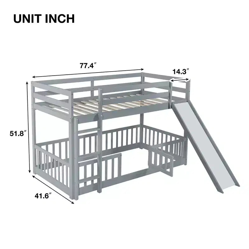 MAYEERTY Twin Over Twin Floor Bunk Bed with Slide Ladder Door Safety Guardrails Solid Pine Wood Bunk Bed Gray