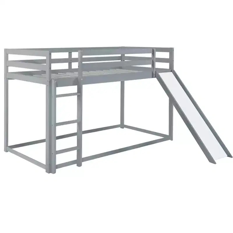 MAYEERTY Twin Over Twin Floor Bunk Bed with Slide Ladder Door Safety Guardrails Solid Pine Wood Bunk Bed Gray