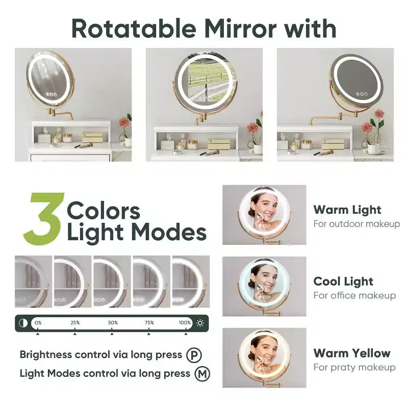 Compact Vanity Desk with Adjustable Lighted Mirror  Mini Makeup Desk, Storage Drawer & Chair for Bedroom or Small Spaces