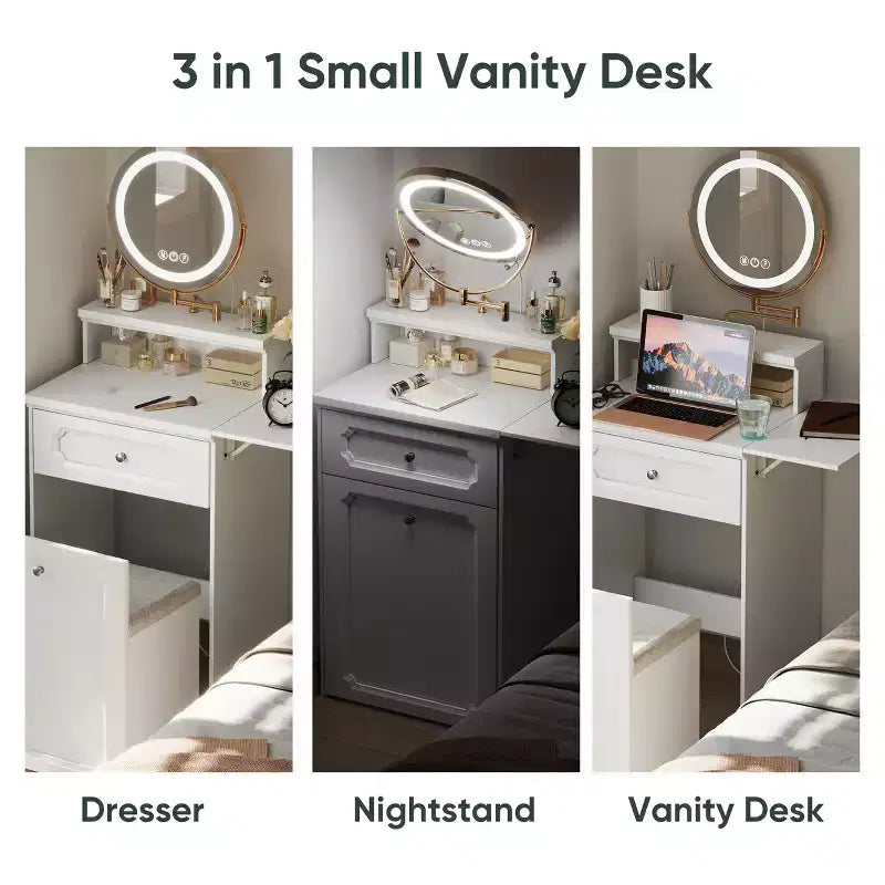 Compact Vanity Desk with Adjustable Lighted Mirror  Mini Makeup Desk, Storage Drawer & Chair for Bedroom or Small Spaces