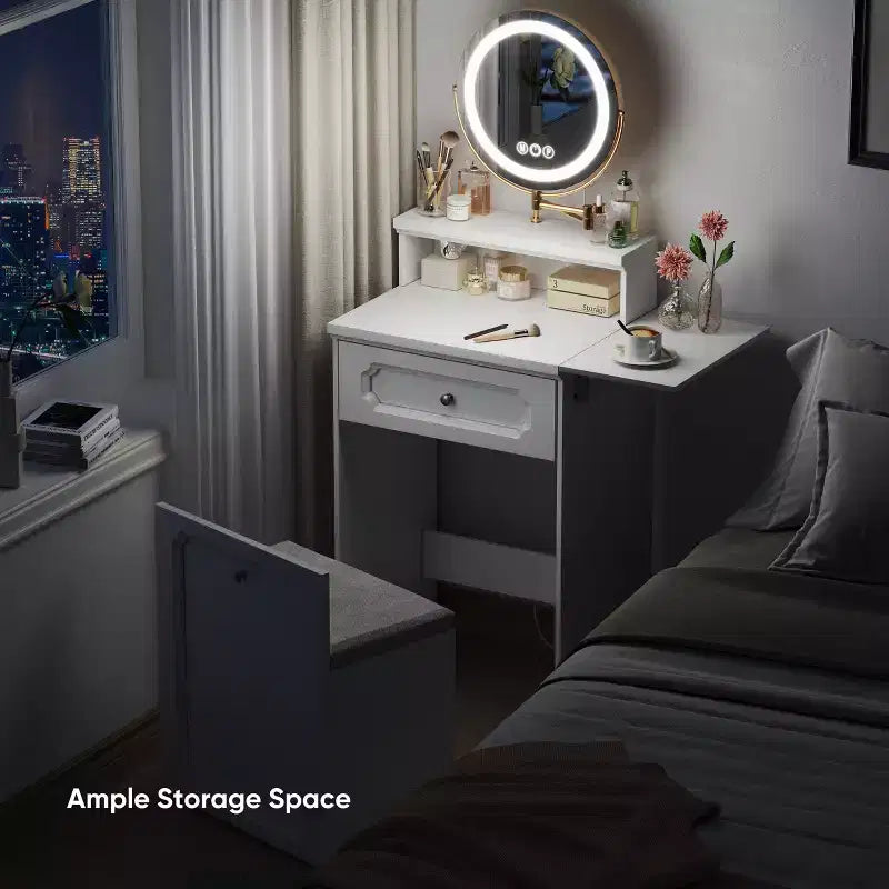 Compact Vanity Desk with Adjustable Lighted Mirror  Mini Makeup Desk, Storage Drawer & Chair for Bedroom or Small Spaces