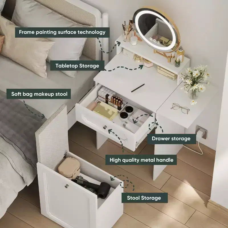 Compact Vanity Desk with Adjustable Lighted Mirror  Mini Makeup Desk, Storage Drawer & Chair for Bedroom or Small Spaces