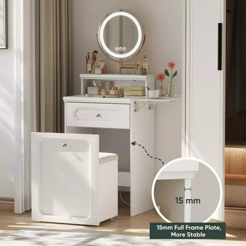 Compact Vanity Desk with Adjustable Lighted Mirror  Mini Makeup Desk, Storage Drawer & Chair for Bedroom or Small Spaces