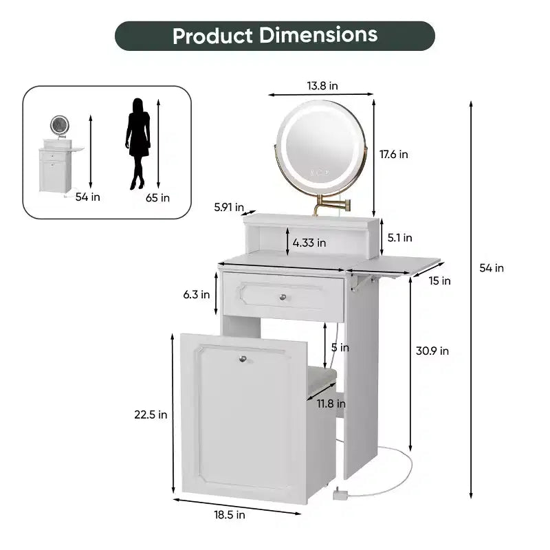 Compact Vanity Desk with Adjustable Lighted Mirror  Mini Makeup Desk, Storage Drawer & Chair for Bedroom or Small Spaces