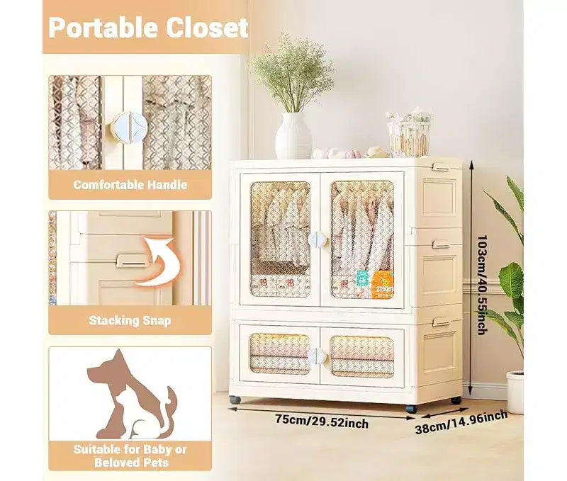 Storage Box with Wheels, 103 cm, Folding Wardrobe with Hanging Rail, 2 Stackable Boxes, Wardrobe with Double Doors for Home and Office