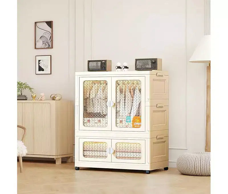 Storage Box with Wheels, 103 cm, Folding Wardrobe with Hanging Rail, 2 Stackable Boxes, Wardrobe with Double Doors for Home and Office