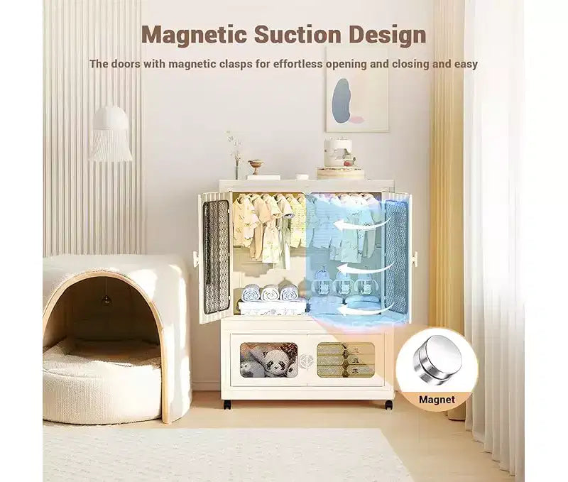 Storage Box with Wheels, 103 cm, Folding Wardrobe with Hanging Rail, 2 Stackable Boxes, Wardrobe with Double Doors for Home and Office