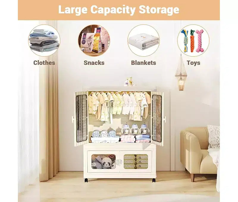 Storage Box with Wheels, 103 cm, Folding Wardrobe with Hanging Rail, 2 Stackable Boxes, Wardrobe with Double Doors for Home and Office