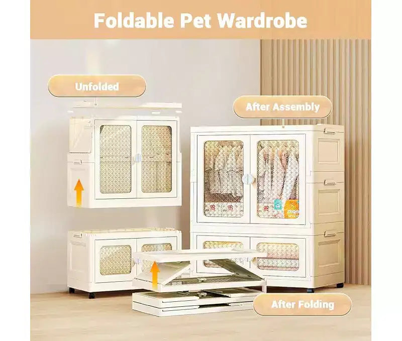 Storage Box with Wheels, 103 cm, Folding Wardrobe with Hanging Rail, 2 Stackable Boxes, Wardrobe with Double Doors for Home and Office