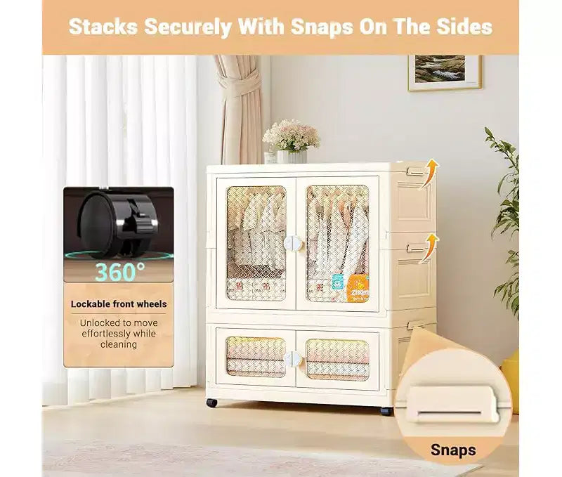 Storage Box with Wheels, 103 cm, Folding Wardrobe with Hanging Rail, 2 Stackable Boxes, Wardrobe with Double Doors for Home and Office