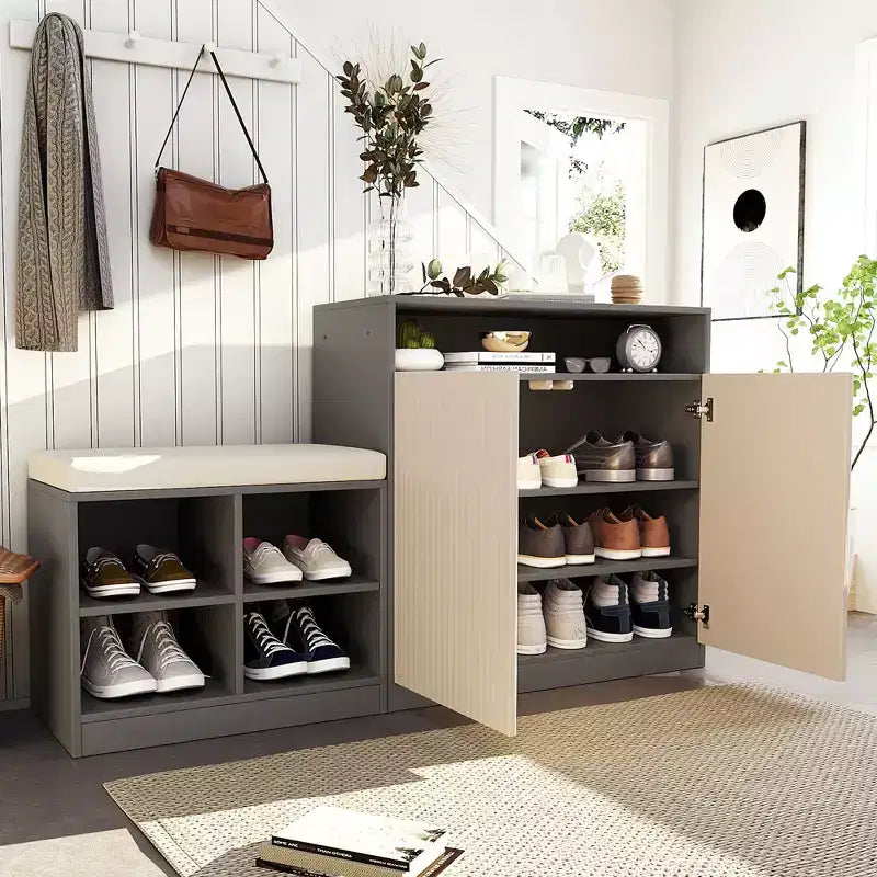 Entryway Storage Cabinet with Shoe Bench, 2-Door Sideboard with Adjustable Shelves, Hooks & Removable Cushion - ModernLuxe