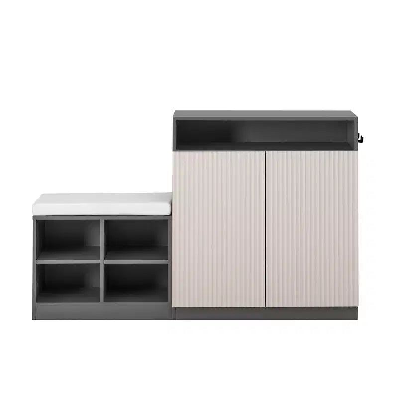 Entryway Storage Cabinet with Shoe Bench, 2-Door Sideboard with Adjustable Shelves, Hooks & Removable Cushion - ModernLuxe