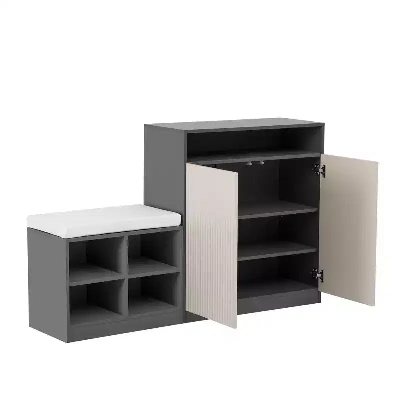 Entryway Storage Cabinet with Shoe Bench, 2-Door Sideboard with Adjustable Shelves, Hooks & Removable Cushion - ModernLuxe