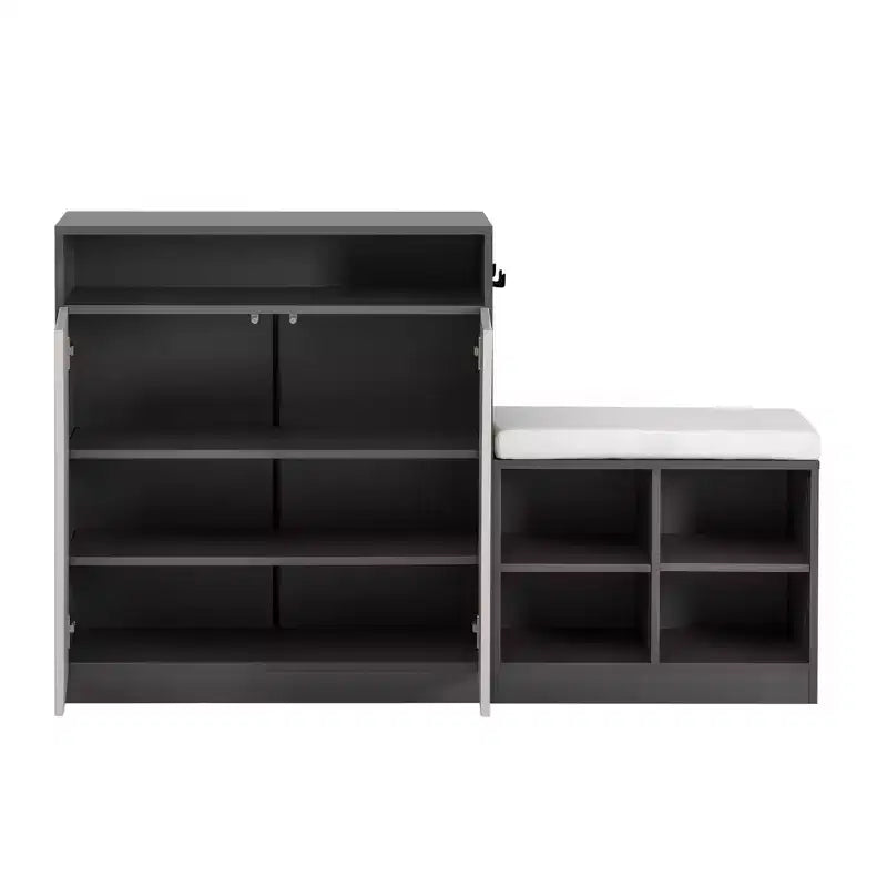 Entryway Storage Cabinet with Shoe Bench, 2-Door Sideboard with Adjustable Shelves, Hooks & Removable Cushion - ModernLuxe