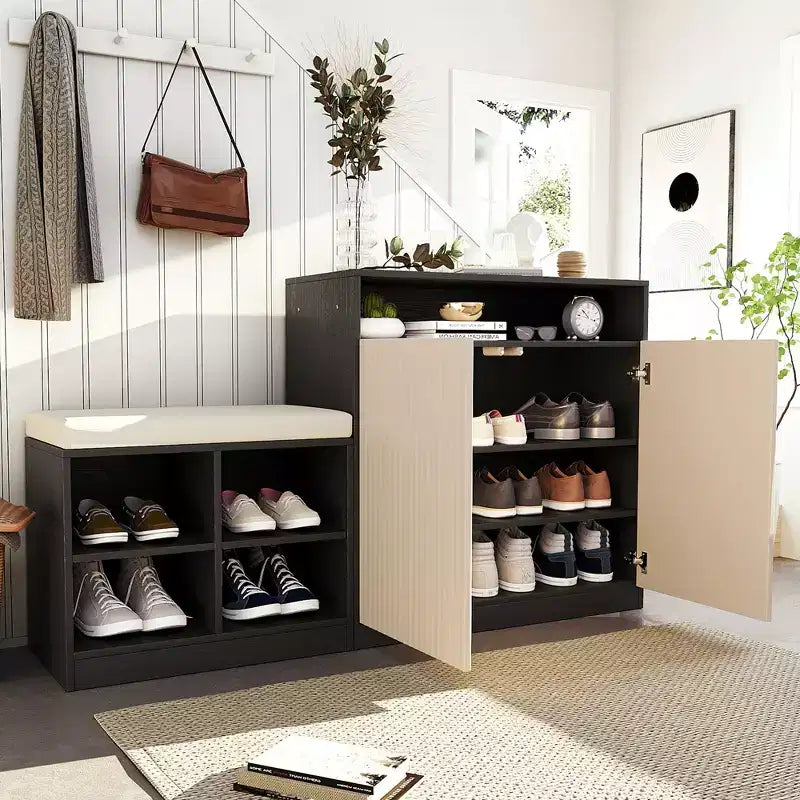 Entryway Storage Cabinet with Shoe Bench, 2-Door Sideboard with Adjustable Shelves, Hooks & Removable Cushion - ModernLuxe