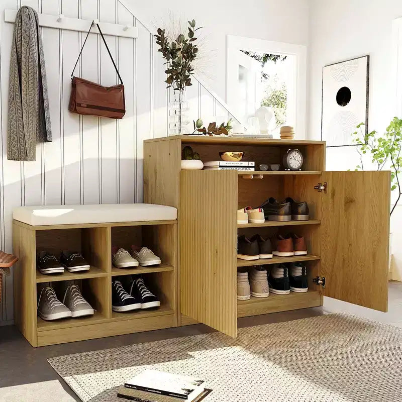 Entryway Storage Cabinet with Shoe Bench, 2-Door Sideboard with Adjustable Shelves, Hooks & Removable Cushion - ModernLuxe