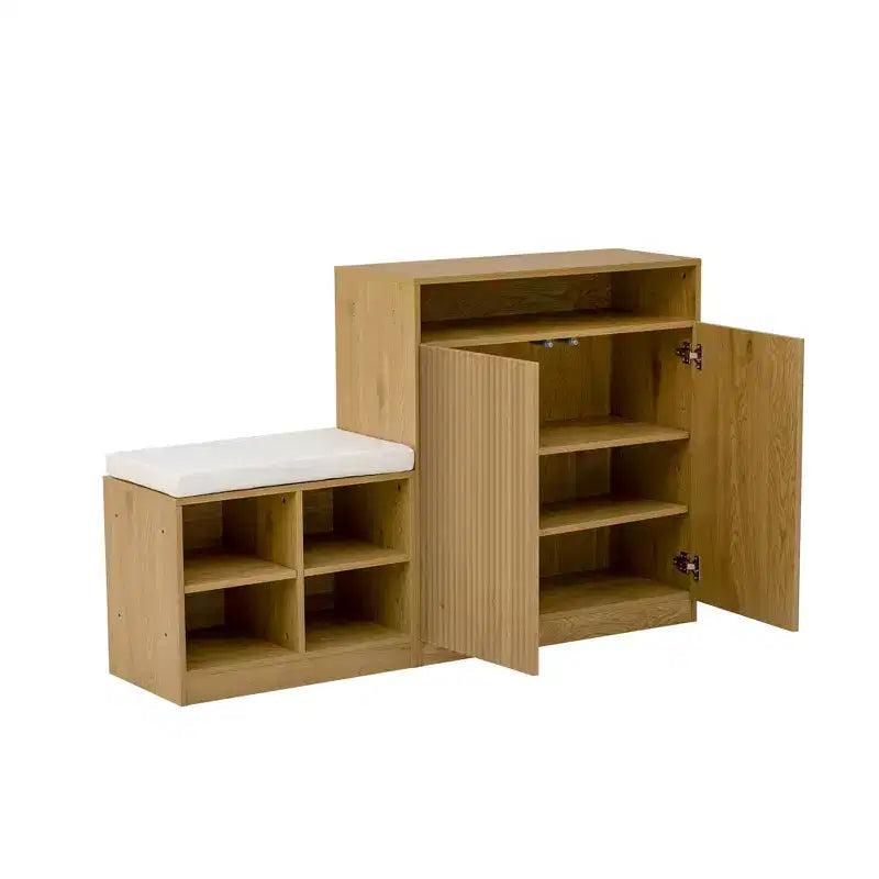 Entryway Storage Cabinet with Shoe Bench, 2-Door Sideboard with Adjustable Shelves, Hooks & Removable Cushion - ModernLuxe