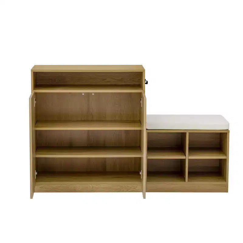 Entryway Storage Cabinet with Shoe Bench, 2-Door Sideboard with Adjustable Shelves, Hooks & Removable Cushion - ModernLuxe