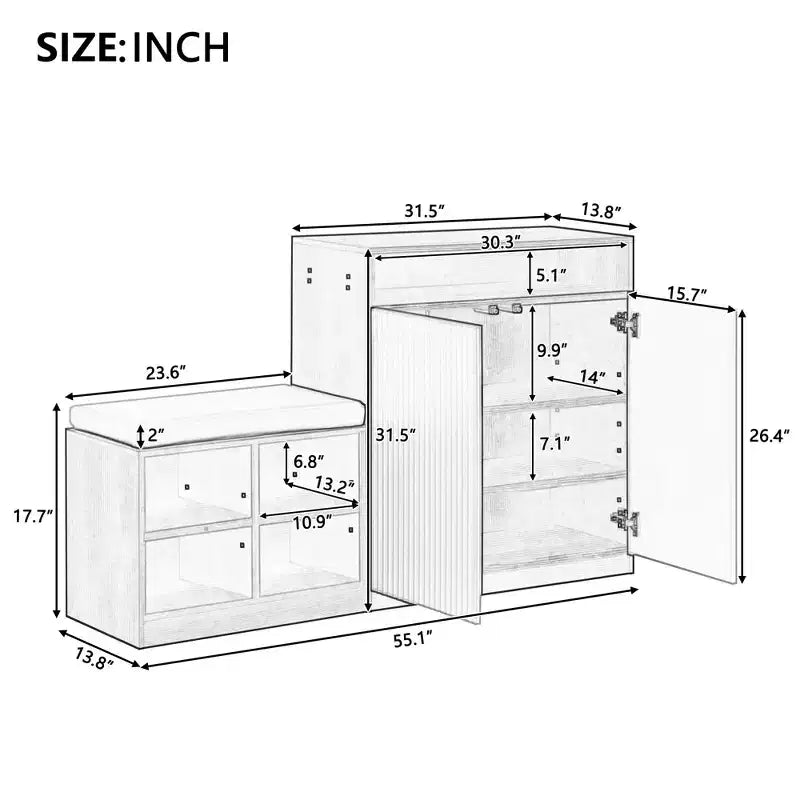 Entryway Storage Cabinet with Shoe Bench, 2-Door Sideboard with Adjustable Shelves, Hooks & Removable Cushion - ModernLuxe