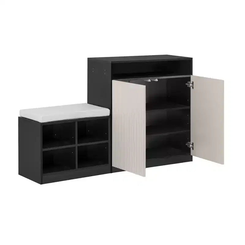 Entryway Storage Cabinet with Shoe Bench, 2-Door Sideboard with Adjustable Shelves, Hooks & Removable Cushion - ModernLuxe
