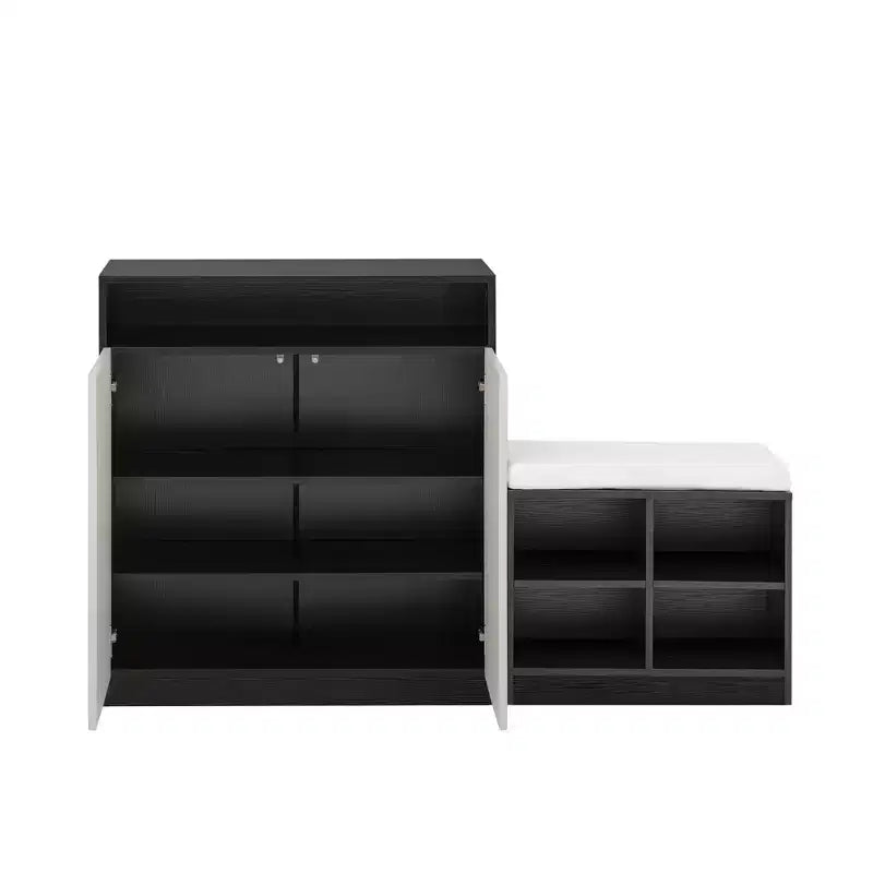 Entryway Storage Cabinet with Shoe Bench, 2-Door Sideboard with Adjustable Shelves, Hooks & Removable Cushion - ModernLuxe