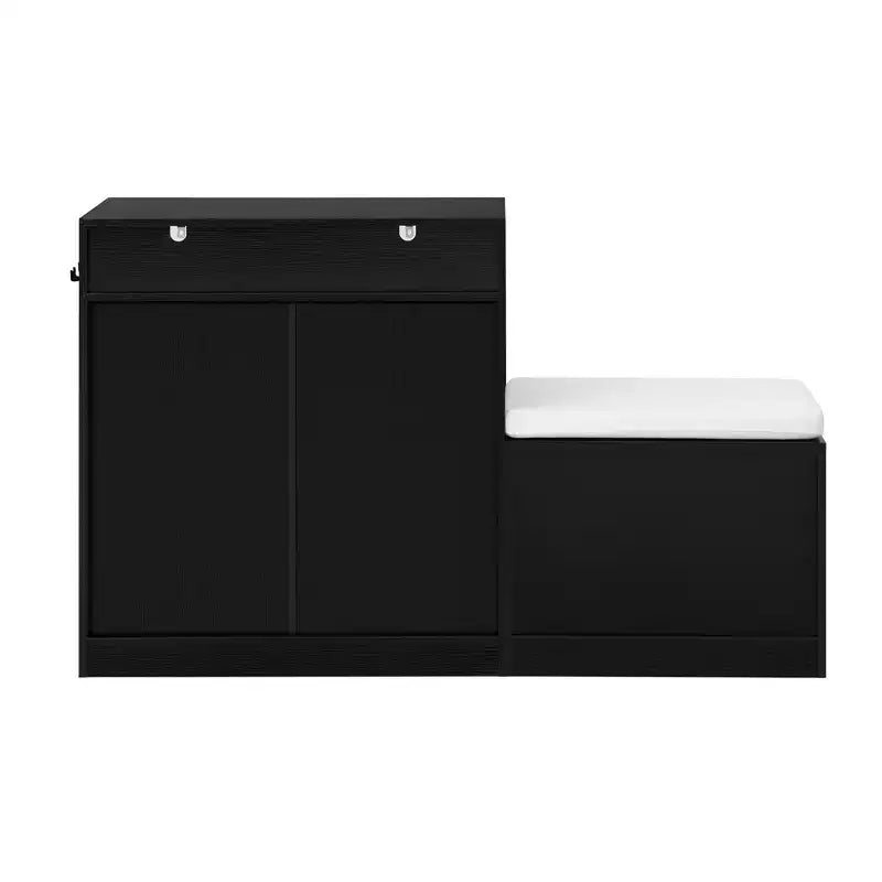 Entryway Storage Cabinet with Shoe Bench, 2-Door Sideboard with Adjustable Shelves, Hooks & Removable Cushion - ModernLuxe