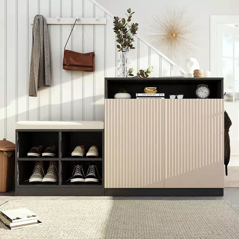Entryway Storage Cabinet with Shoe Bench, 2-Door Sideboard with Adjustable Shelves, Hooks & Removable Cushion - ModernLuxe