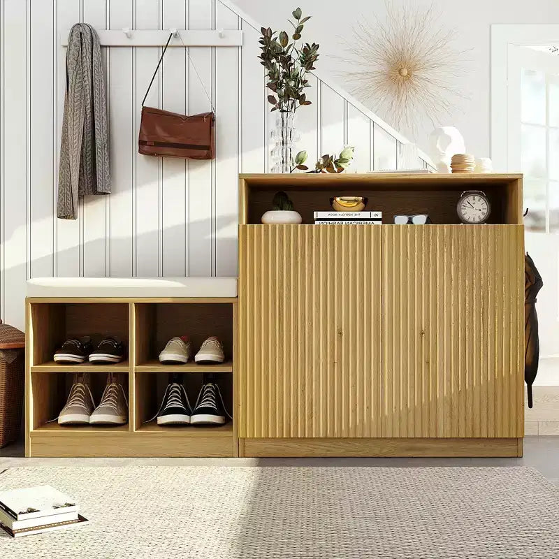 Entryway Storage Cabinet with Shoe Bench, 2-Door Sideboard with Adjustable Shelves, Hooks & Removable Cushion - ModernLuxe