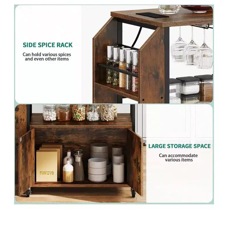 Rolling Kitchen Island Cart With Power Outlets With Open Shelves Portable Serving Utility Carts On Wheels With Storage For Kitchen Dining Room